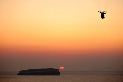 Fly over the santorini island